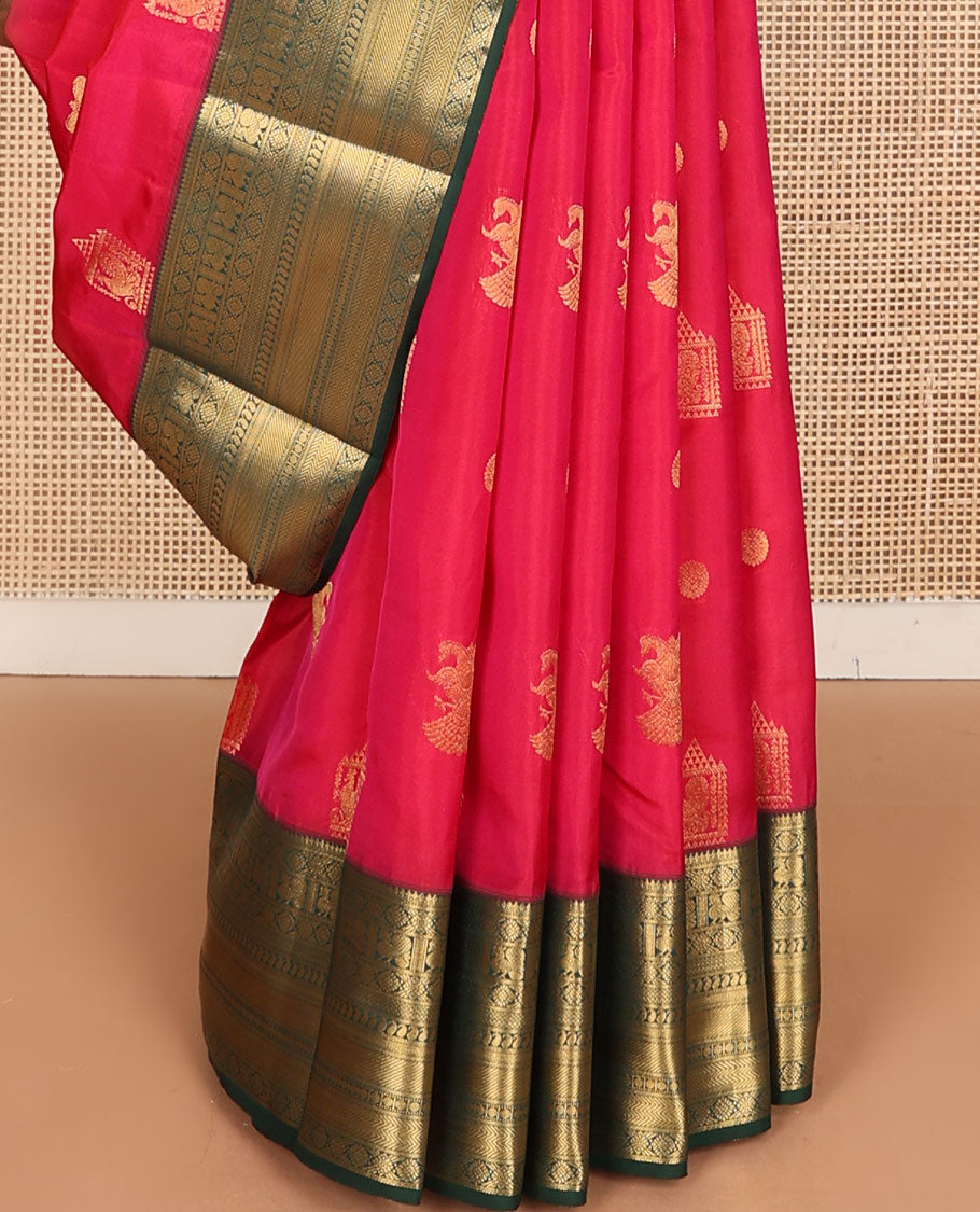 Pink mayil & iruthalai pakshi buttas vasundhara silk mix saree, contrast border of thilakam mokku,banaras,laddu kamalam,mayil,manga mokku,vanki & kuyil kann & jaal pallu