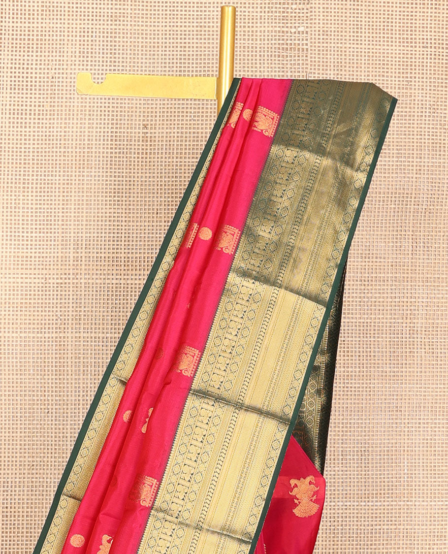 Pink mayil & iruthalai pakshi buttas vasundhara silk mix saree, contrast border of thilakam mokku,banaras,laddu kamalam,mayil,manga mokku,vanki & kuyil kann & jaal pallu