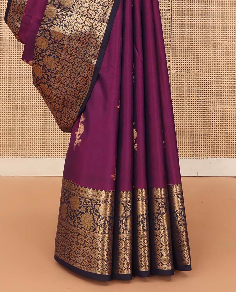 Purple zari buttas Vasundhara silk mix saree, contrast floral, and geometric border, and ogee patterned pallu