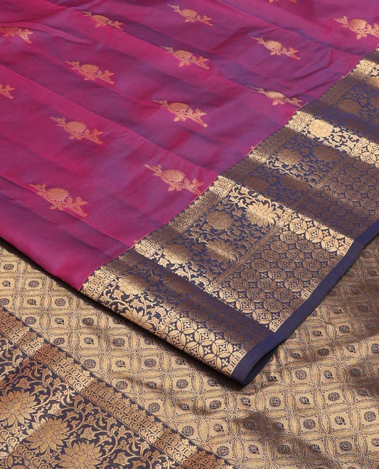 Purple zari buttas Vasundhara silk mix saree, contrast floral, and geometric border, and ogee patterned pallu