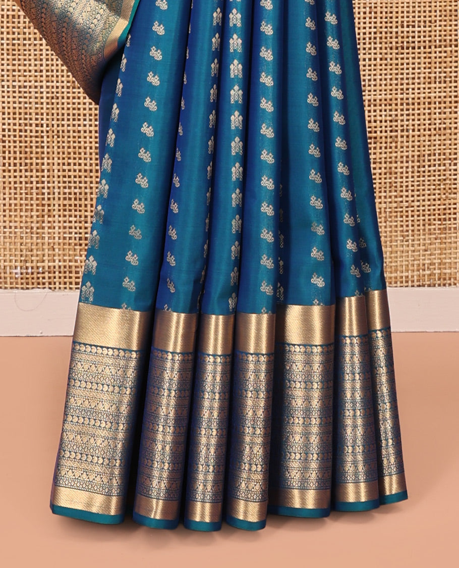 Blue Vasundhara Lite Silk Mix Saree, Steeped with the Richness of Zari Buttas All Over Its Body, Highlighted by Zari Border of Manga, Muthu, and Kodi Visiry Designs, Grand Jaal Pallu and Paired with a Matching Blouse