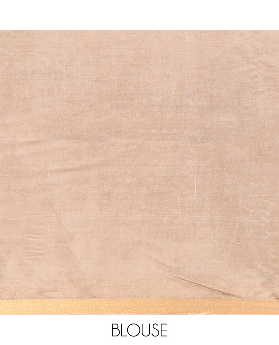 Pale Brown Plain Banana Pith Saree, Subtly Made Zari Bavanji Border, Pallu Featuring Zari Stripes, and Paired with a Matching Blouse