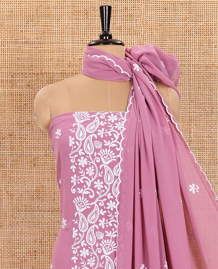 Pink  Material Chudidar Set Featuring Chikankari-Style Paisley Vine Design, Thread-Embroidered Georgette Top, Subtly Made Plain Santoon Material Bottom, and a Floral Motifs-Embroidered Georgette Scallop-Bordered Dupatta