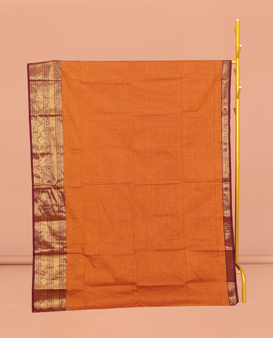 Orange Chettinad Cotton Saree, Woven with Checks, Complemented by Contrast Traditional Zari Border, Striped Pallu, and a Matching Blouse