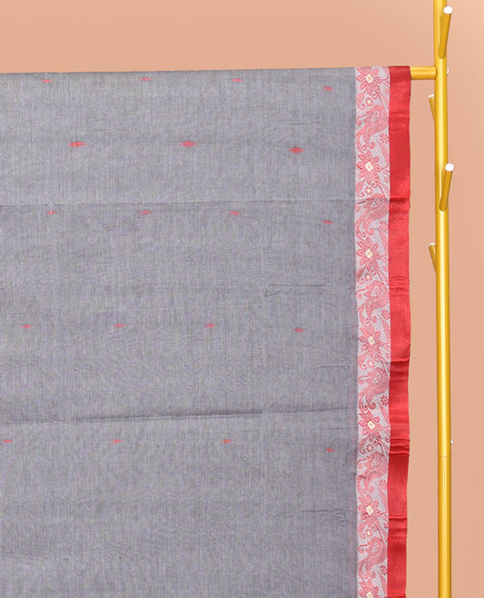 Grey Bengal Cotton Saree, Steeped with Buttas, a Contrast Floral Border, Pallu of Stripes and Buttas, and a Matching Blouse