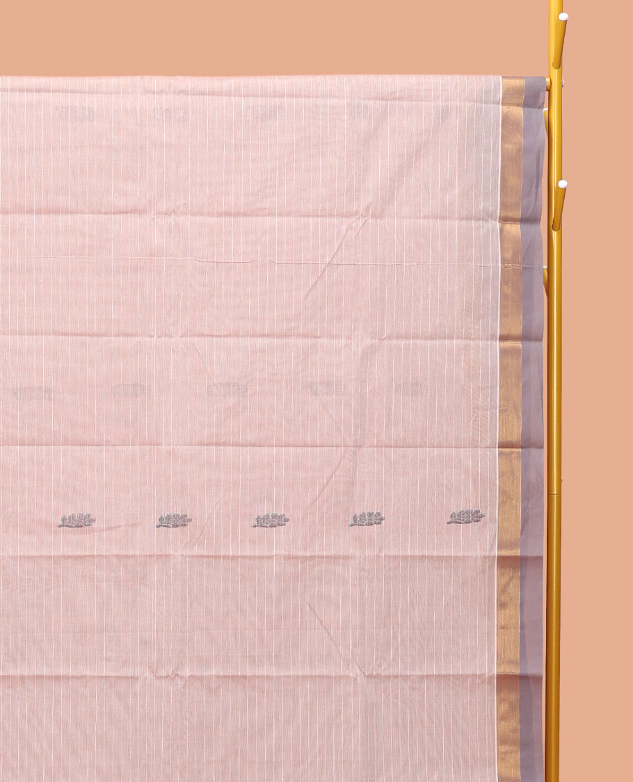 Light Beige Kanchi Cotton Saree, Subtly Designed with Buttas and Stripes, Contrast Border, Pallu of Ogee Patterns, and a Matching Blouse