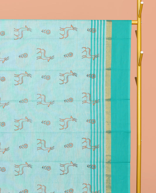 Light Turquoise Chirala Cotton Saree, Ornamented with Floral and Deer Motifs, a Contrast Deer Motifs Border, Striped Pallu, and a Matching Blouse