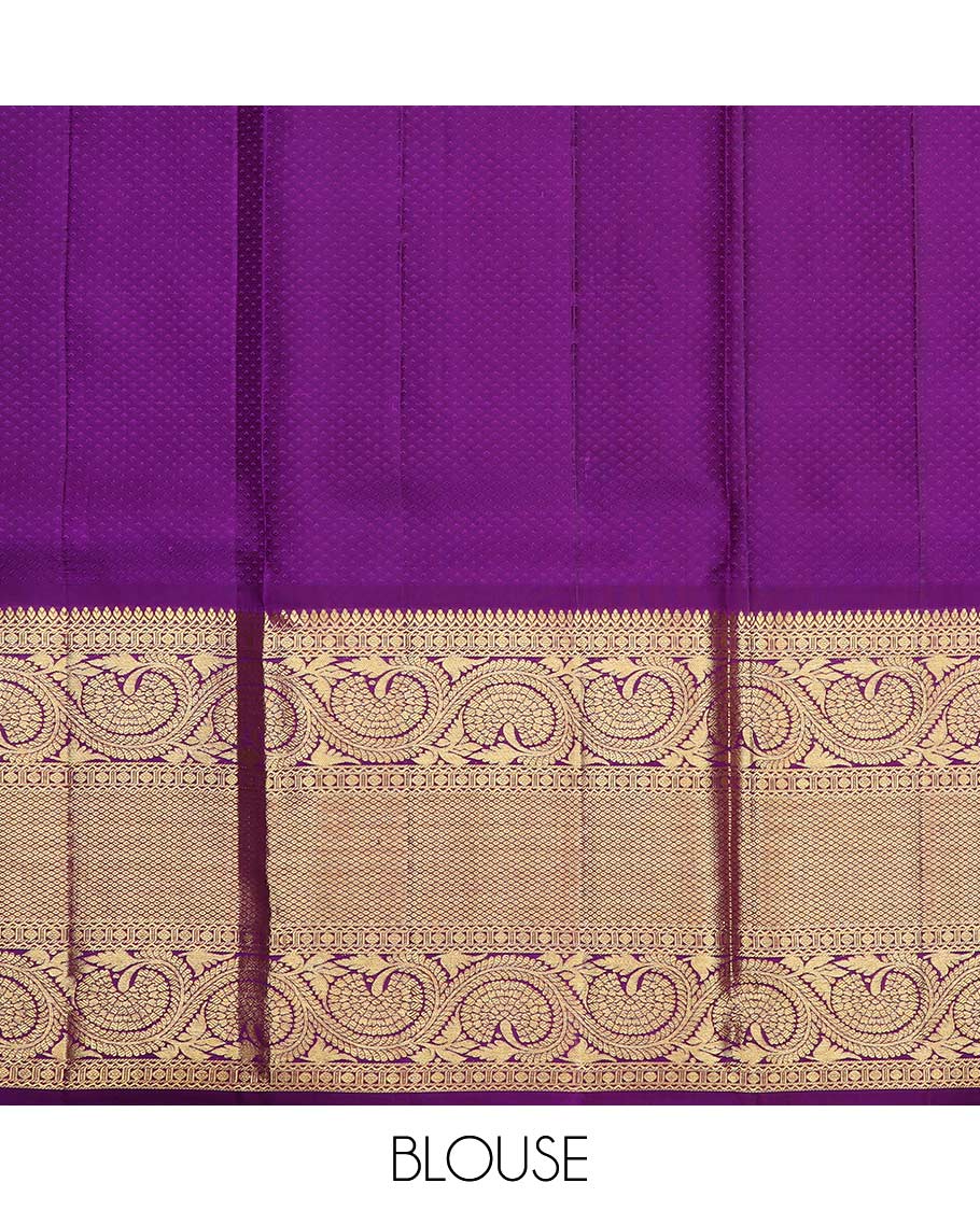 Green pure silk half saree, mayil chakram buttas skirt, contrast blouse of border of thilakam, poun, mayil kann, and dhavana kodi, and arumbu manga design pallu