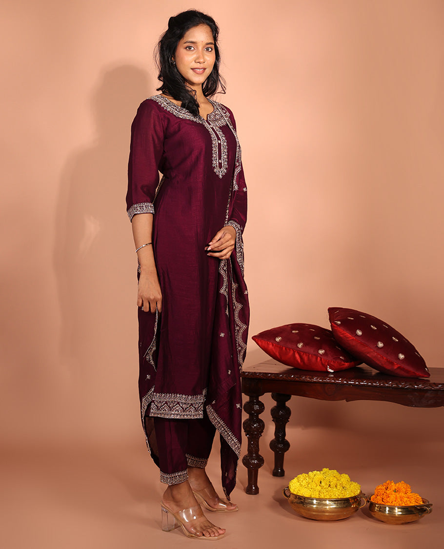 Burgundy Vichitra Silk Readymade Suit