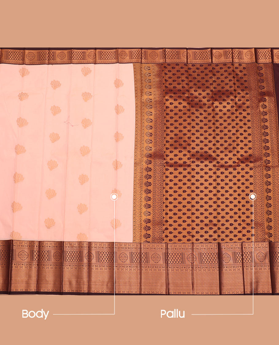 Baby Pink Budget Silk Saree, Sparsely Woven with Buttas All Over Its Body, Complemented by a Contrast Traditional Zari Design Border, Intricately Designed  Pallu, and Paired with a Contrast Blouse