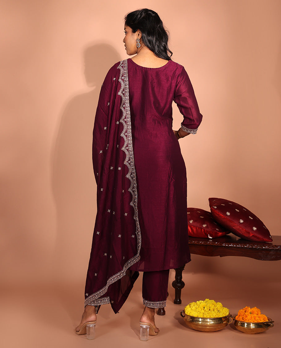 Burgundy Vichitra Silk Readymade Suit