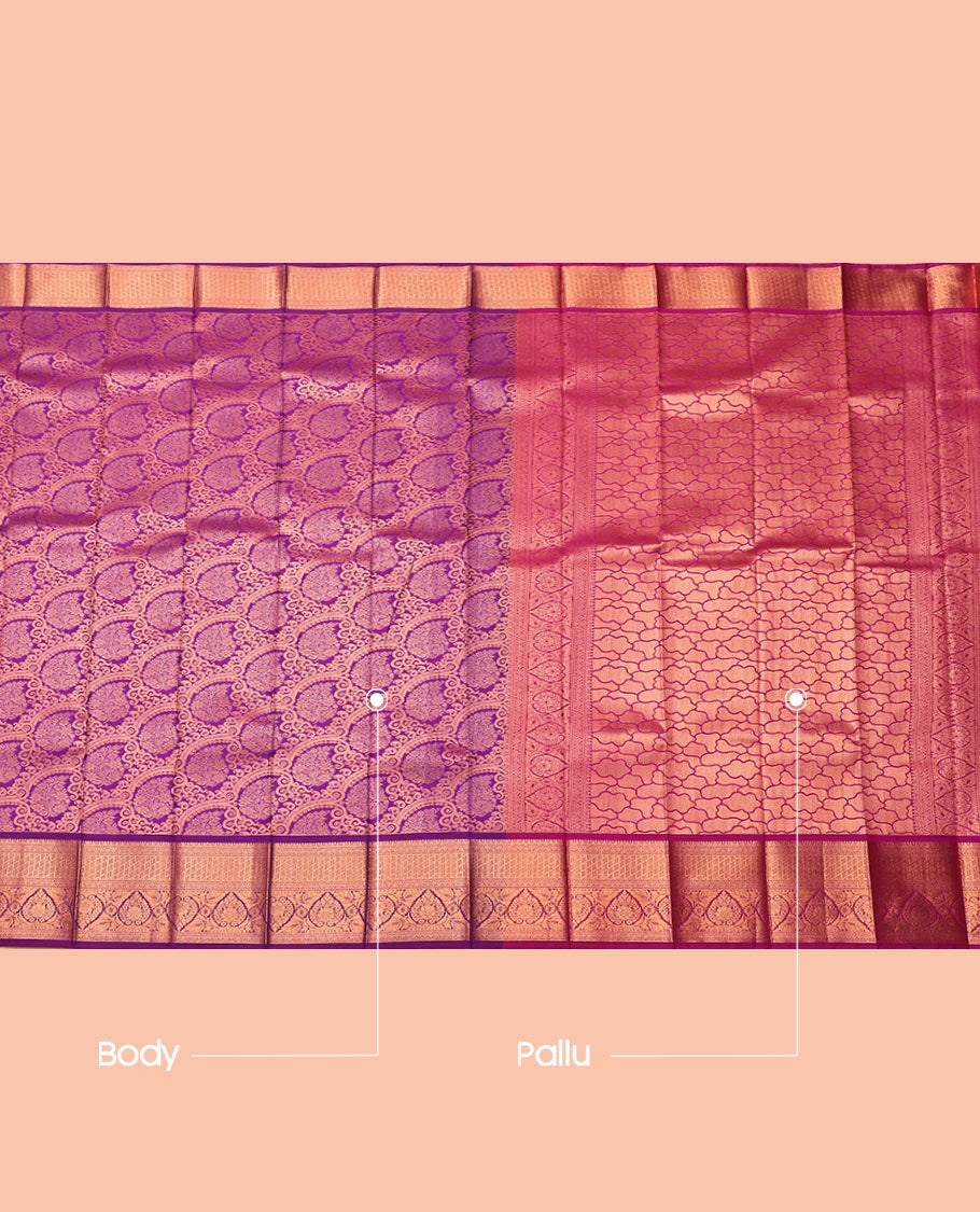 Purple Budget Silk Saree, Enthralled with Jacquard Design, Highlighted by Traditional Zari Border, Grand Pallu, and a Contrast Blouse