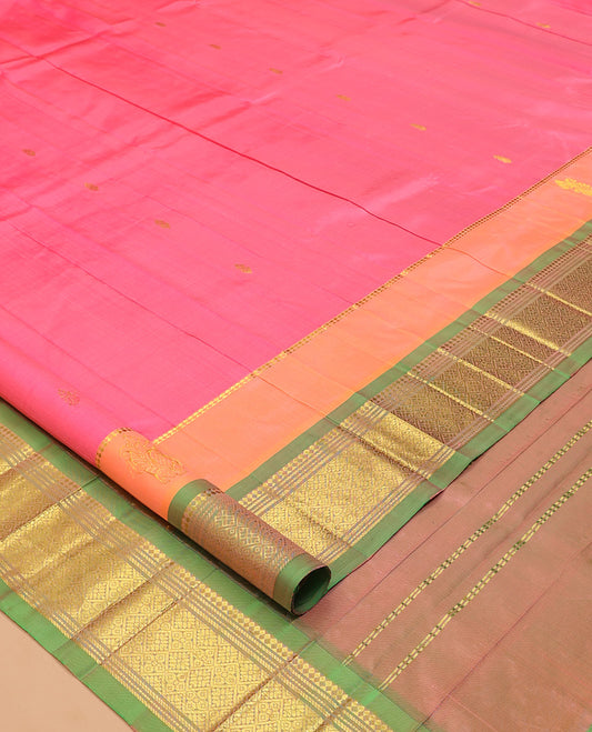 Pink Kanchipuram Silk Saree, Decorated with Zari Buttas, Complemented by a Contrast Border of Panner Sombu, Banaras, Muthu, and Jaal Design, Grand Pallu, and No Blouse