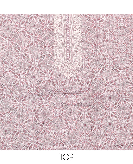 Off-White-Pink Material Chudidar Set, Adorned with Intricate Motifs Print, and Embroidery on Its Jute Cotton Top, a Plain Cotton Bottom, and Paired with Contrast Sequins Striped Chanderi Cotton Dupatta