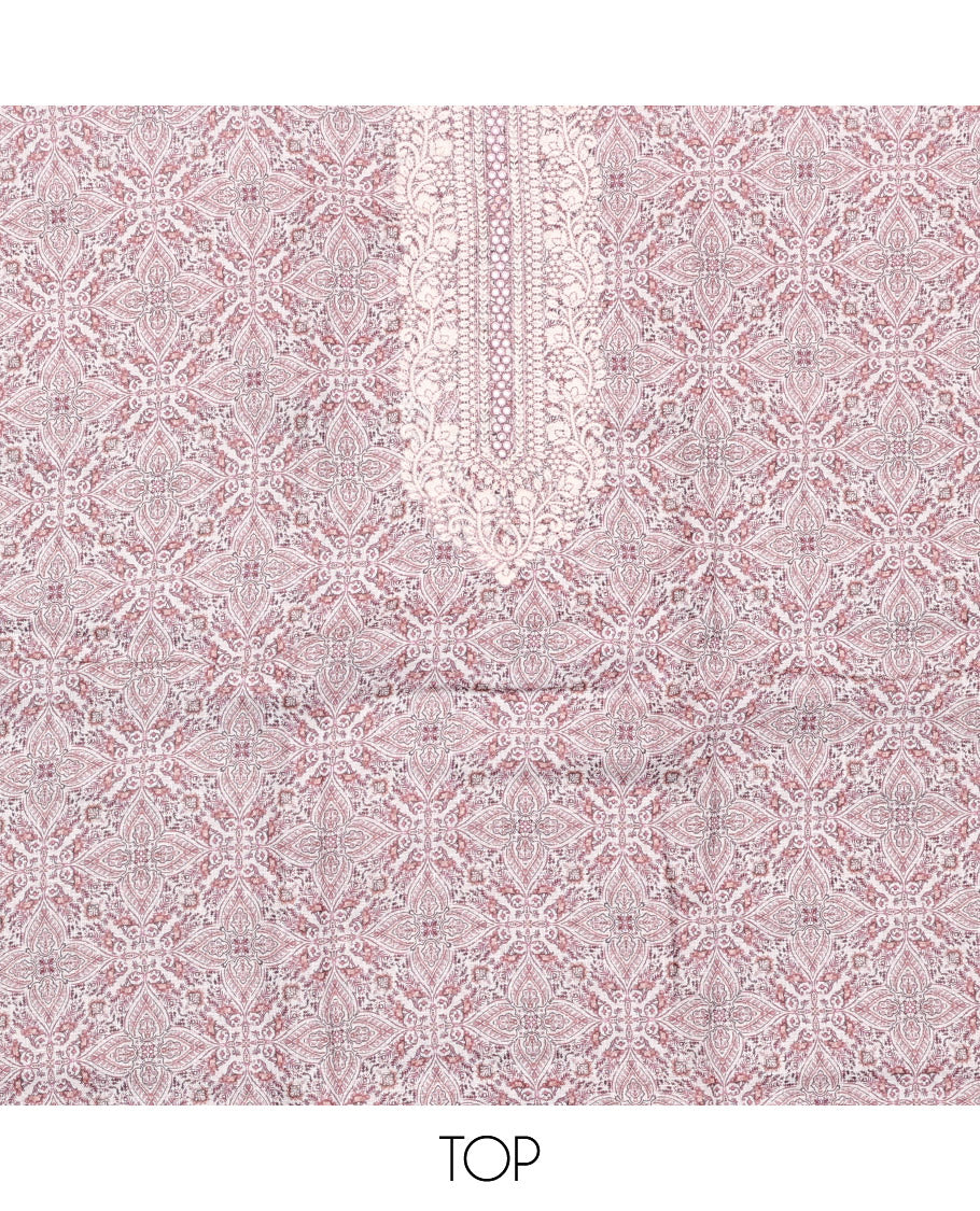 Off-White-Pink Material Chudidar Set, Adorned with Intricate Motifs Print, and Embroidery on Its Jute Cotton Top, a Plain Cotton Bottom, and Paired with Contrast Sequins Striped Chanderi Cotton Dupatta