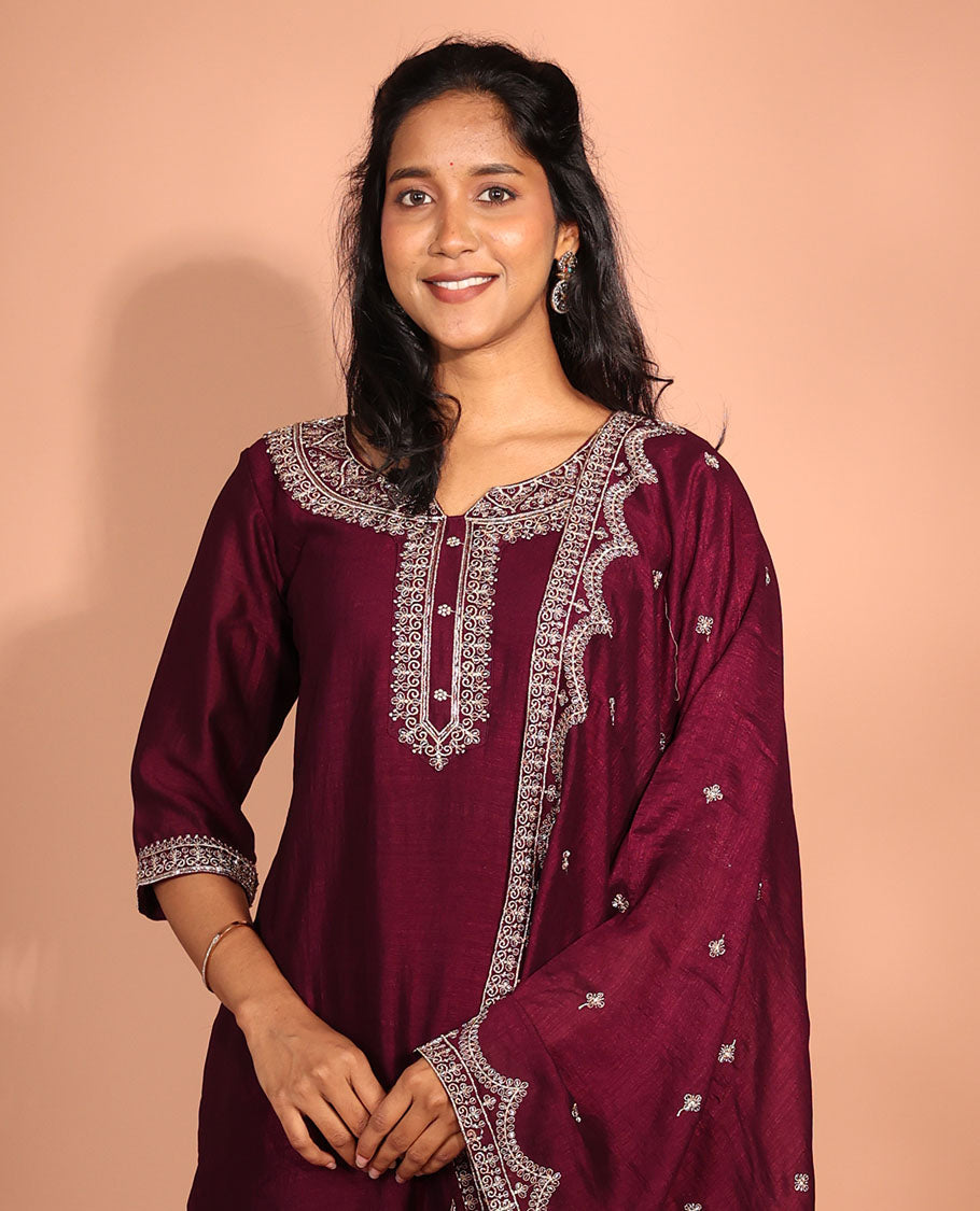 Burgundy Vichitra Silk Readymade Suit