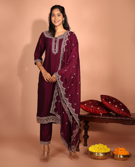 Burgundy Vichitra Silk Readymade Suit
