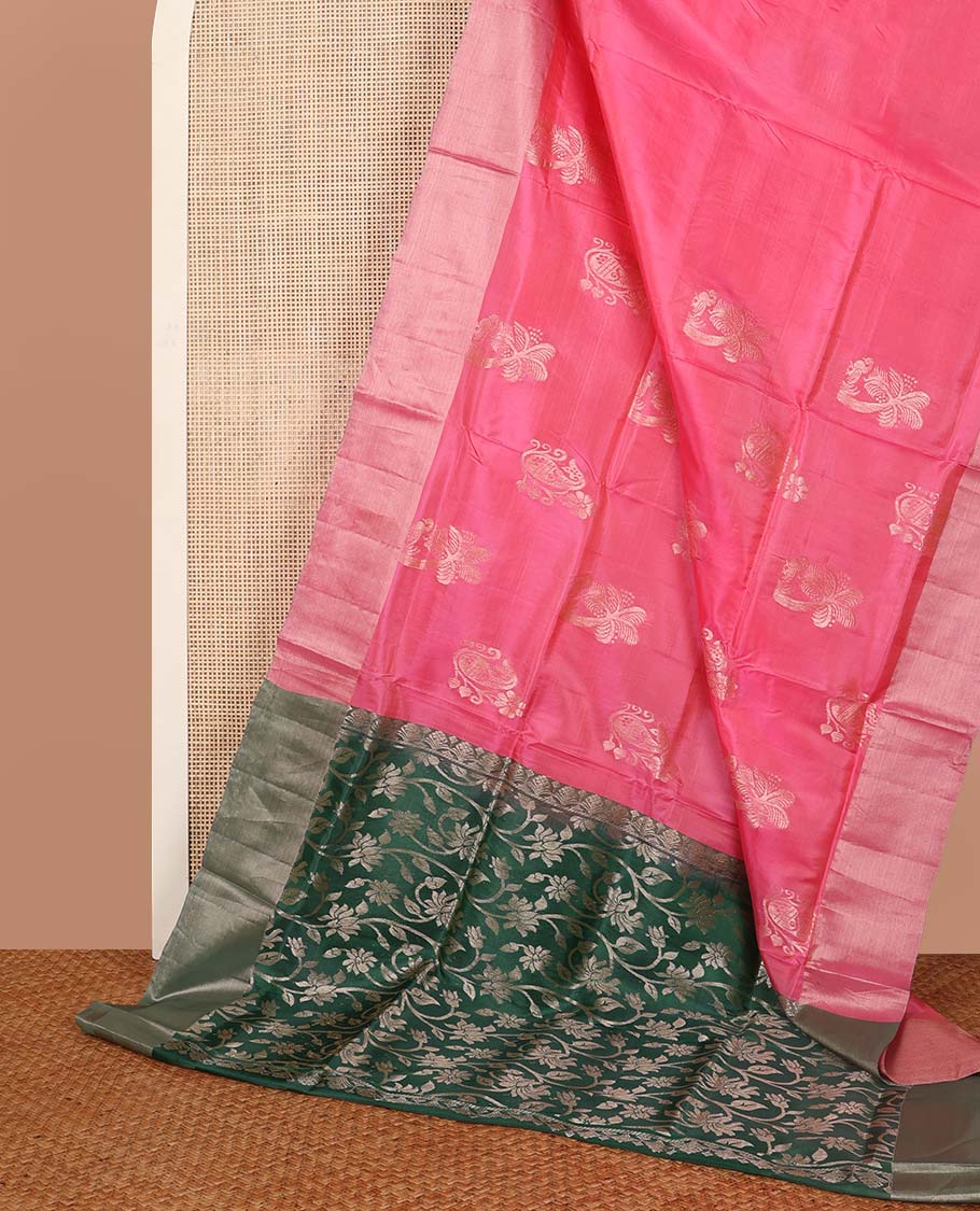 Pink floral motifs uppada saree with self zari border & floral design pallu