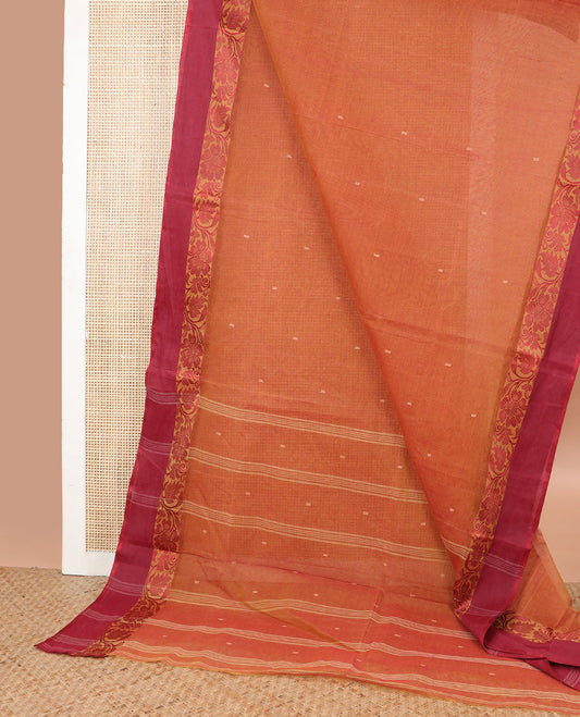 Brown floral motifs bengal cotton saree with contrast floral design border & striped, motifs pallu