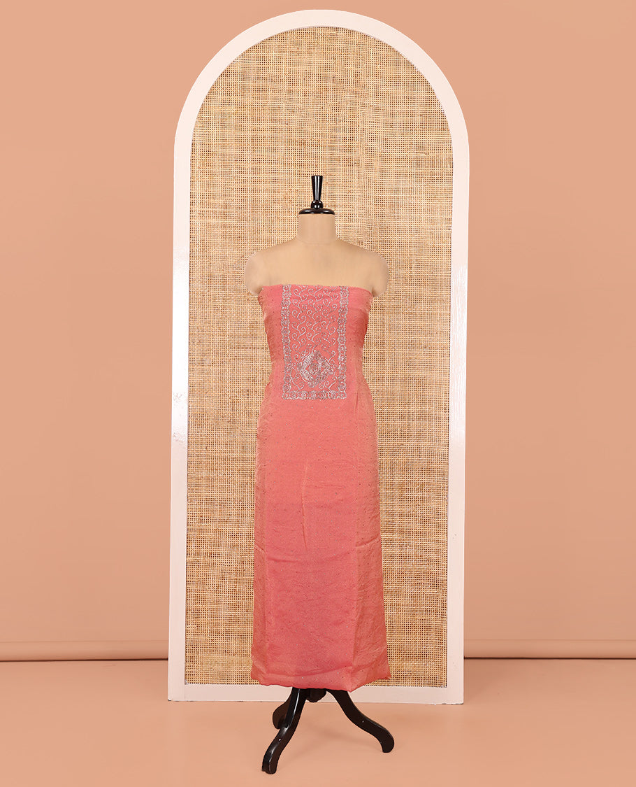 Dark Peach Moss Organza Material Chudidar Set, Finely Crafted with Stonework Top, a Plain Bottom, and Floral Printed Scallop-Stonework Bordered Dupatta