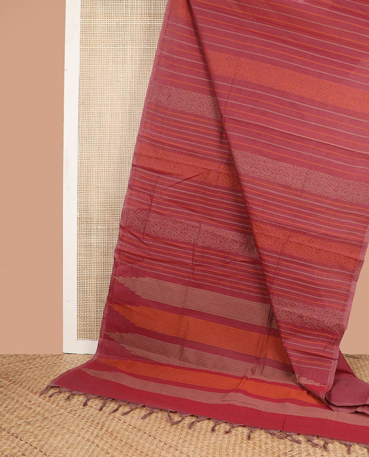 Borderless red striped, kolam design coimbatore cotton saree with bhavanji pallu