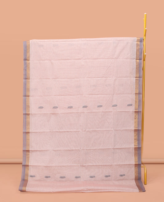 Light Beige Kanchi Cotton Saree, Subtly Designed with Buttas and Stripes, Contrast Border, Pallu of Ogee Patterns, and a Matching Blouse