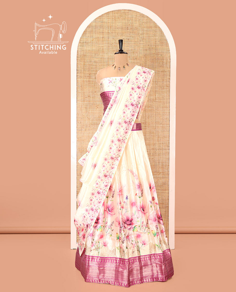Cream-Magenta Semi-Silk Half-Saree, Features Pink Floral Printed Skirt, Contrast Traditional Zari Border, a Matching Blouse, and a Floral Print Semi-Silk Dhavani