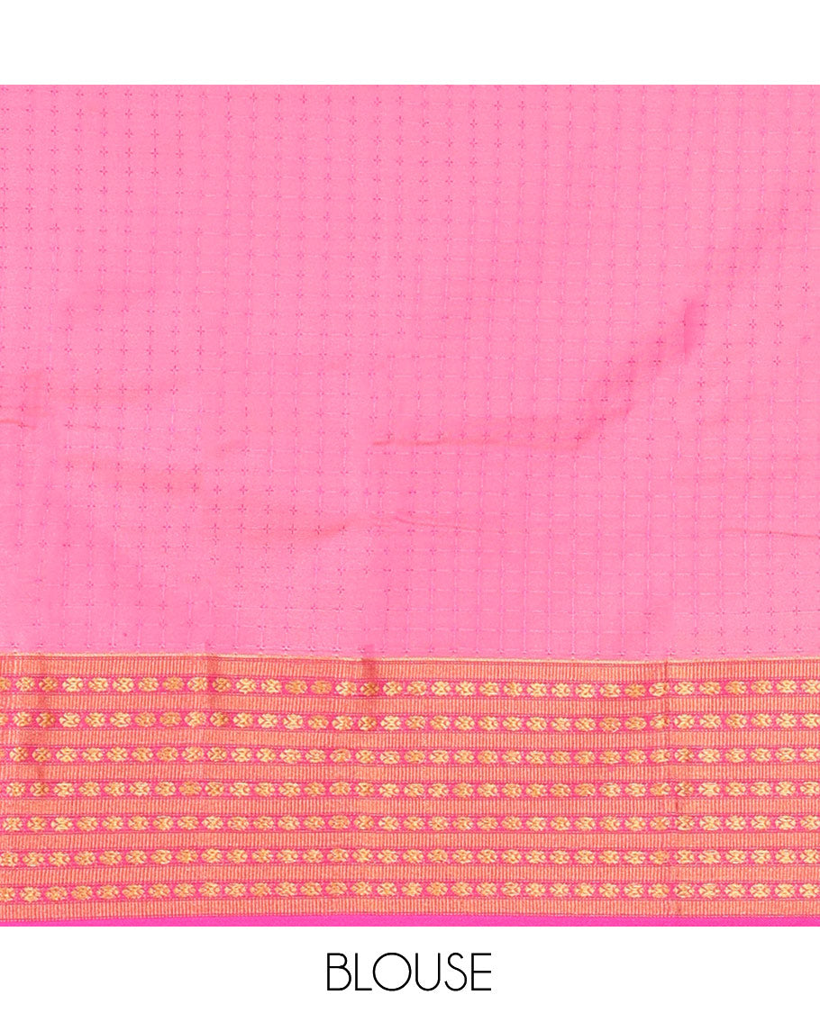 Cream Semi-Soft Silk Saree, Adorned with Plus-Shaped Buttas, Complemented by a Contrast Border, Striped Pallu, and a Contrast Blouse