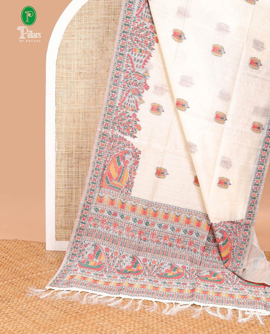 Chikku color madhubani butta embroidery banarasi jute silk saree with madhubani design thread embroidery border & madhubani design thread embroidery, embroidery blouse