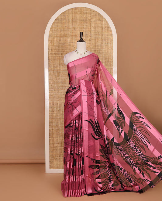 Borderless pink thick satin striped and feather like floral motifs printed satin crepe saree, floral vine printed blouse