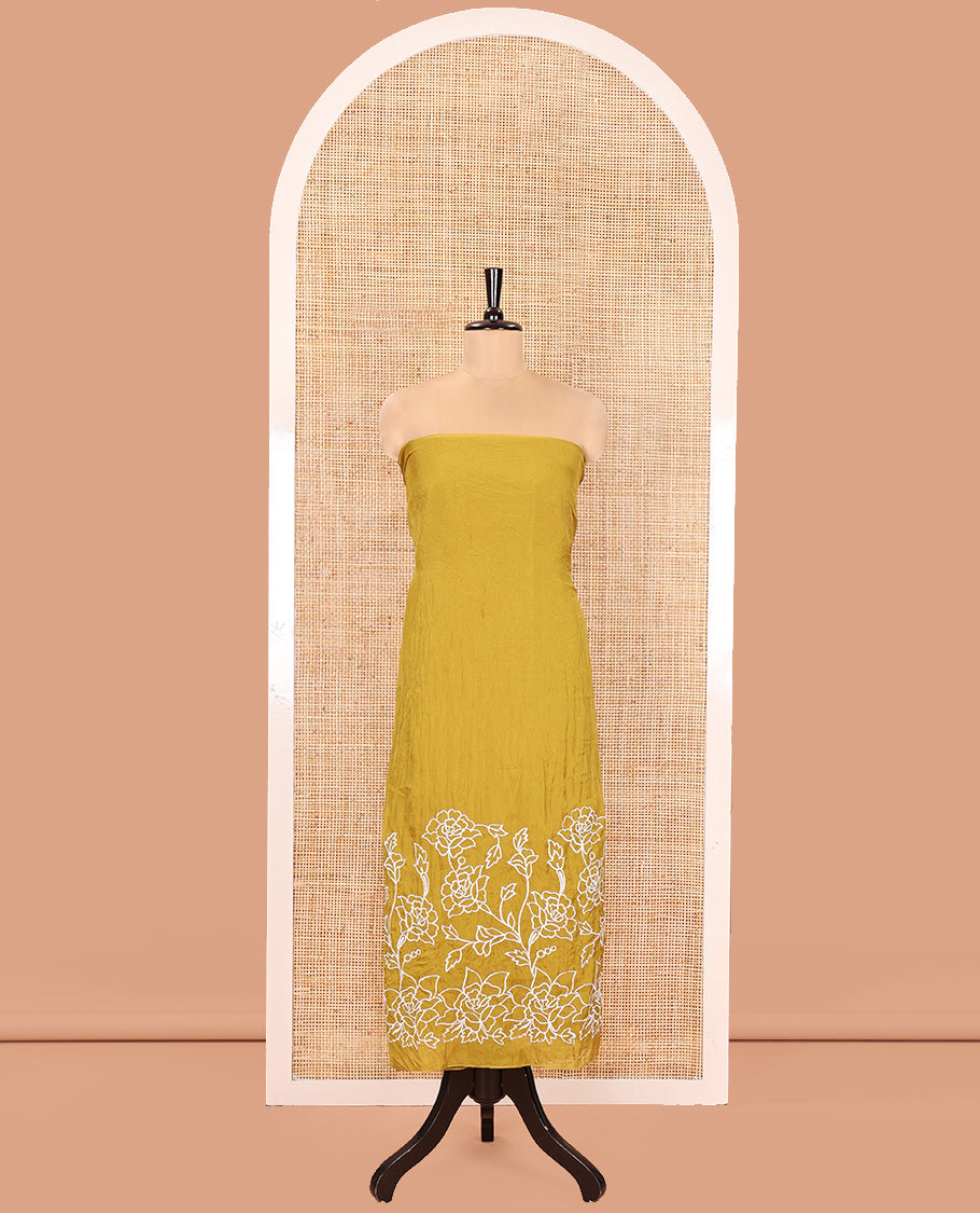 Yellow Organza Crushed Material Churidar Set, Elegantly Adorned with Floral-Themed Thread Embroidery Top, Comes with a Plain Santoon Bottom, and Is Paired with Organza Crushed Dupatta of Floral Thread Embroidery