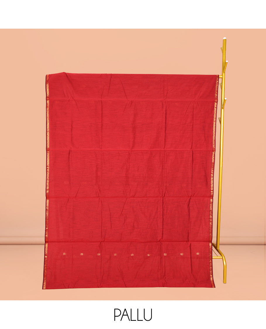 Red Maheshwari Cotton Saree, Spotlighted with Buttas All Over Its Body, Subtle Zari Piping Border, Complemented by a Contrast Pallu Steeped with Buttas, and Paired with a Contrast Blouse