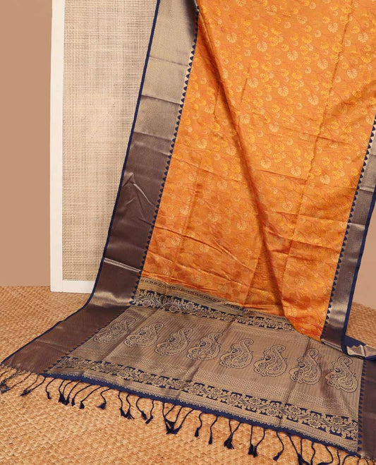 Orange floral design soft silk saree with contrast temple, checked border & floral design pallu