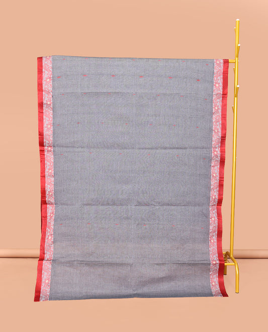 Grey Bengal Cotton Saree, Steeped with Buttas, a Contrast Floral Border, Pallu of Stripes and Buttas, and a Matching Blouse