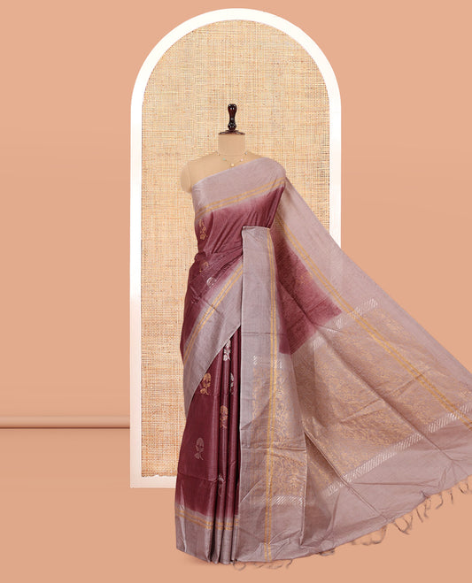 Brown Tussar Saree, Bedecked with Floral Buttas, Complemented by a Contrast Border, Floral Vine Pallu, and a Contrast Blouse