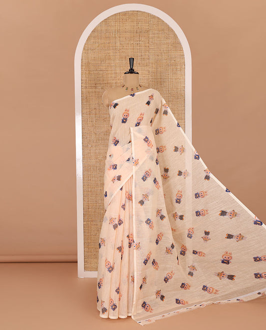 Borderless light orange labubu toy motifs printed linen cotton saree with a matching labubu toy s printed blouse