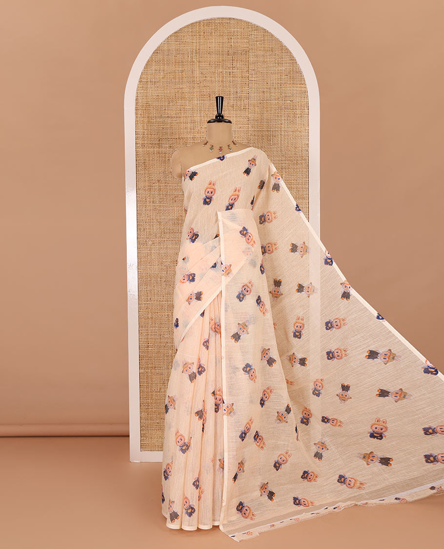 Borderless light orange labubu toy motifs printed linen cotton saree with a matching labubu toy s printed blouse