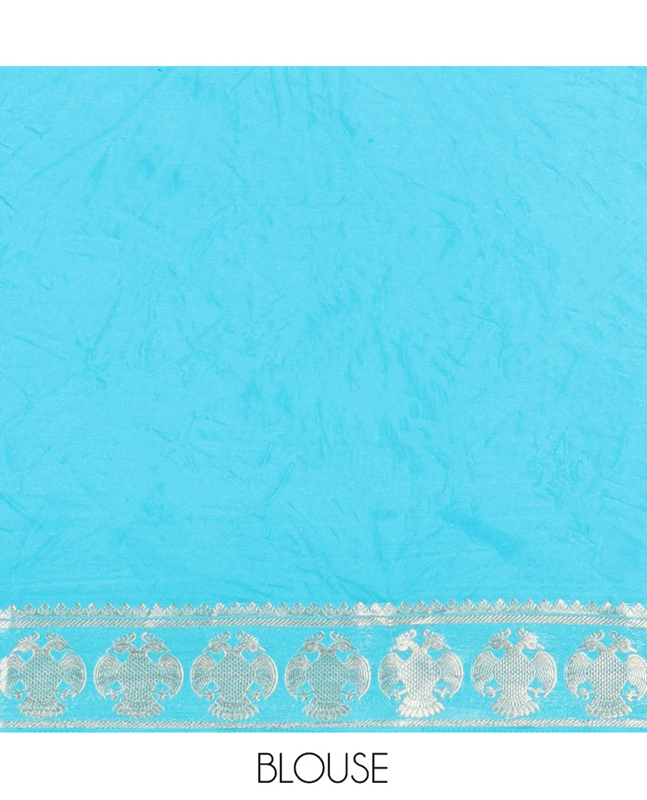 Purple Plain Semi-Mysore Silk Saree, Complemented by a Contrast Border of Ganda Berunda Designs, Zari Striped Pallu, and Paired with a Contrast Blouse