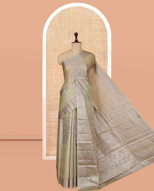 Pale Green Tusser Silk Saree, Delicately Woven with Floral Design, a Zari Border, Floral Pallu, and a Matching Blouse