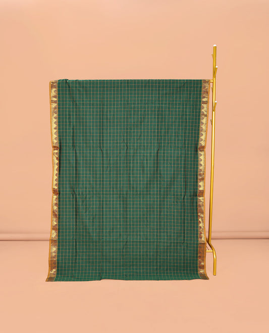 Green Checked Poly Cotton Saree, Complemented by Contrast Traditional Zari Temple Border, Pallu of Stripes, and Paired with a Contrast Blouse