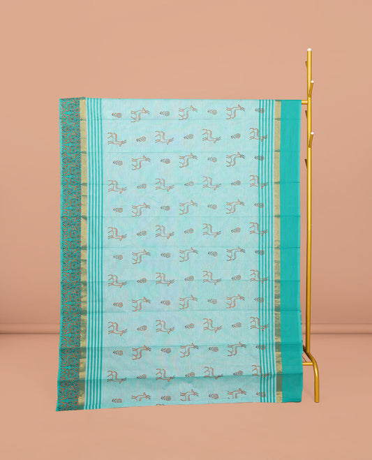 Light Turquoise Chirala Cotton Saree, Ornamented with Floral and Deer Motifs, a Contrast Deer Motifs Border, Striped Pallu, and a Matching Blouse