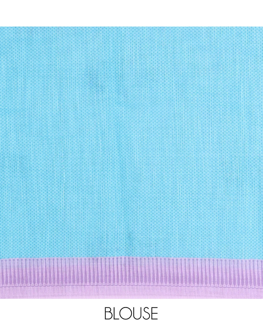 Borderless Cream and Lavender Linen Cotton Saree, Decked Up with Half-and-Half Style Fish Motifs Printed All Over Its Body, Pallu Mirrors the Same Print, and Is Paired with a Contrast Blouse