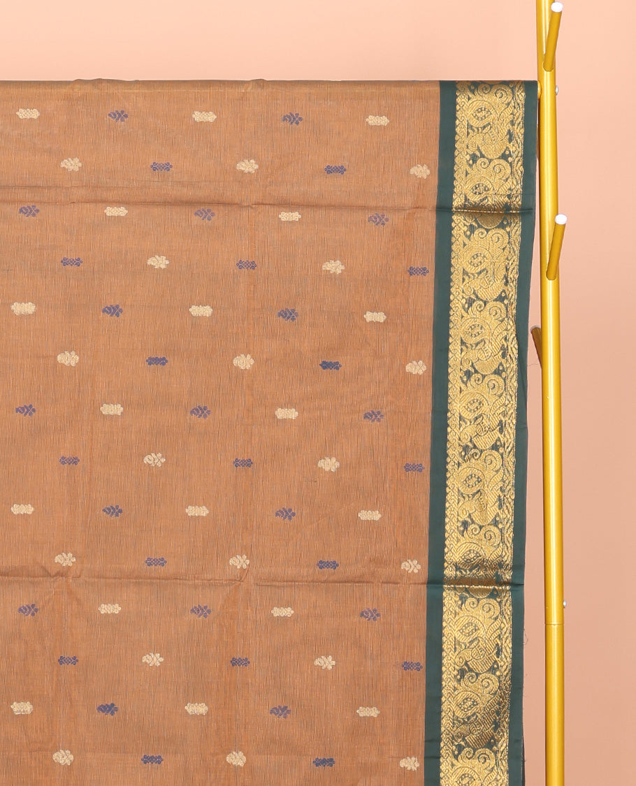 Brown Venkatagiri Cotton Saree, Elevated with Buttas, a Contrast Floral Design Zari Border, Pallu of Buttas and Stripes, and No Blouse