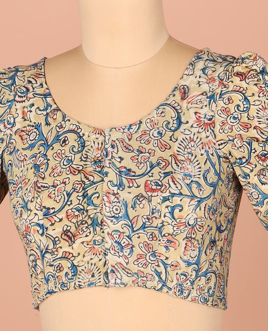 Pale Chikku Readymade Blouse Beautifully Bedecked with Floral Vine Print, Featuring Front Round Neck, Back Round Neck, and Puff Sleeves