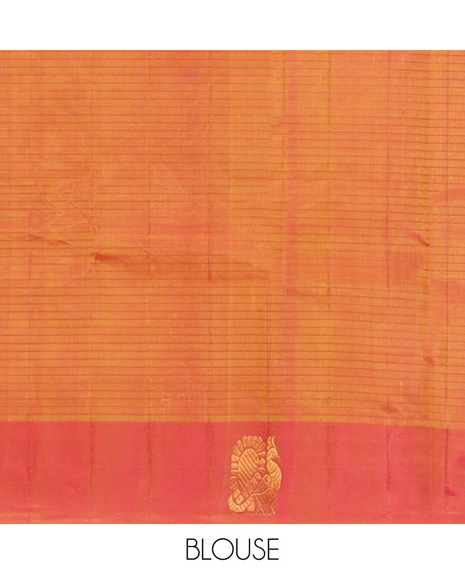 Yellow Vazhaipoo Stripes Kanchipuram Silk Saree, Complemented by a Contrast Border of Mayil Designs, Sparsely Zari Woven Pallu, and Paired with a Contrast Blouse