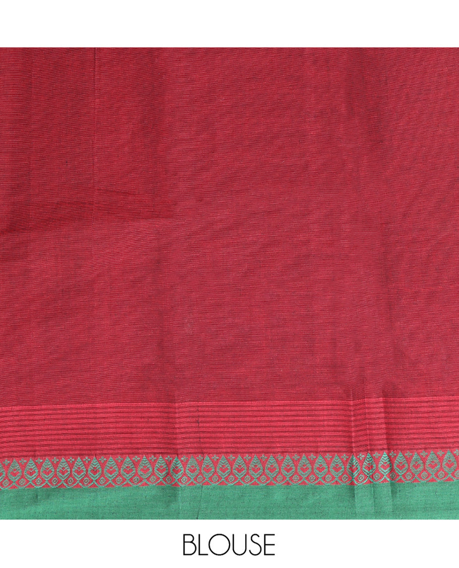 Red Kanchi Cotton Saree, Decorated with Buttas All Over Its Body, Complemented by a Contrast Border, Pallu of Floral and Paisley Designs, and Paired with a Matching Blouse
