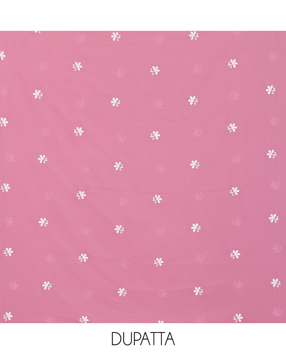 Pink  Material Chudidar Set Featuring Chikankari-Style Paisley Vine Design, Thread-Embroidered Georgette Top, Subtly Made Plain Santoon Material Bottom, and a Floral Motifs-Embroidered Georgette Scallop-Bordered Dupatta