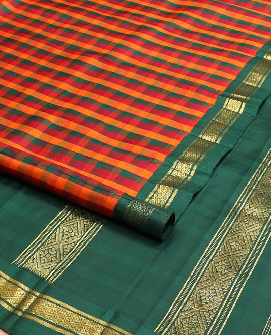 Multi-color checked kanchipuram silksaree, contrast one-sided korvai border of banaras & jaal & zari design pallu