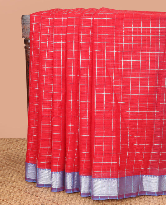 Vibrant Red Chirala Cotton Saree, Elevated with Checks All Over Its Body, Complemented by a Contrast Zari Temple Border, Gleaming Pallu of Stripes, and Paired with a Contrast Blouse