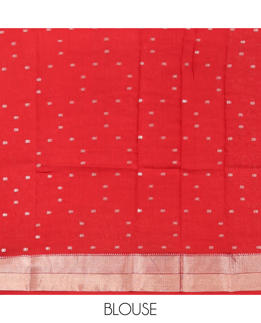 Peach Assam Silk Saree, Enthralled with Zari Buttas, Complemented by Contrast Traditional Zari Border,  Zari Woven Pallu, and Contrast Blouse